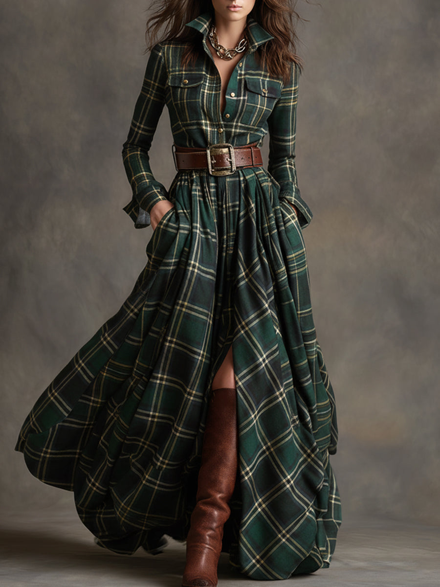 Colette | Checked Belted Dress in Green