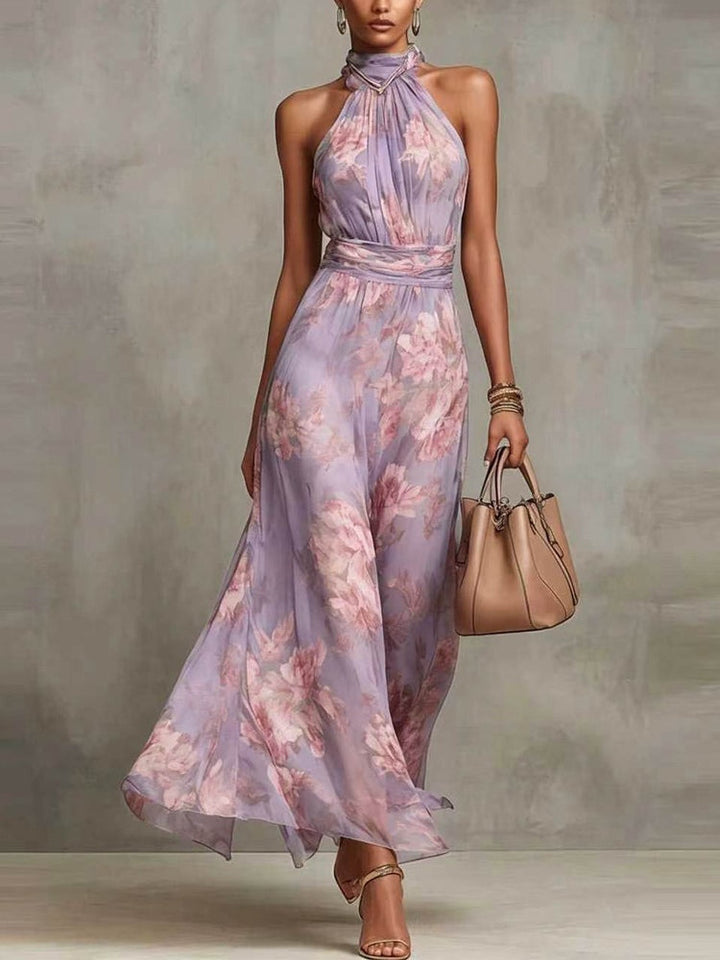 FIORI - GREEN FLORAL CHIFFON HALTER MAXI DRESS