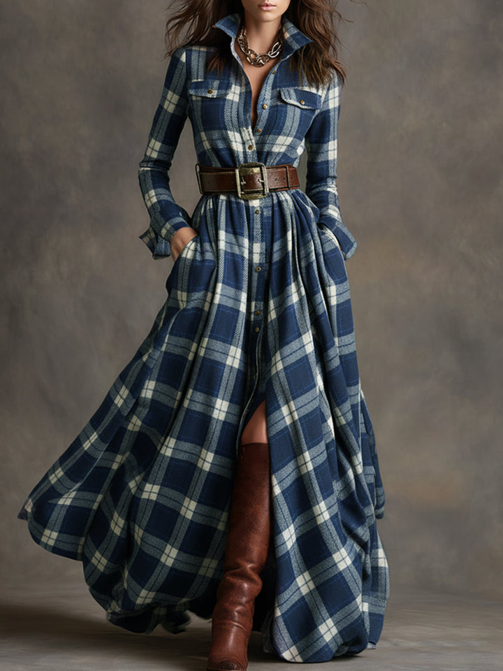 Colette | Checked Belted Dress in Blue