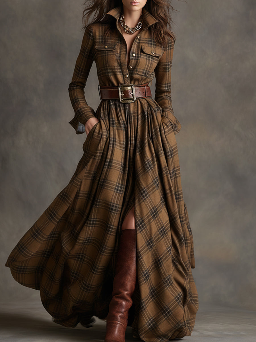 Colette | Checked Belted Dress in Brown