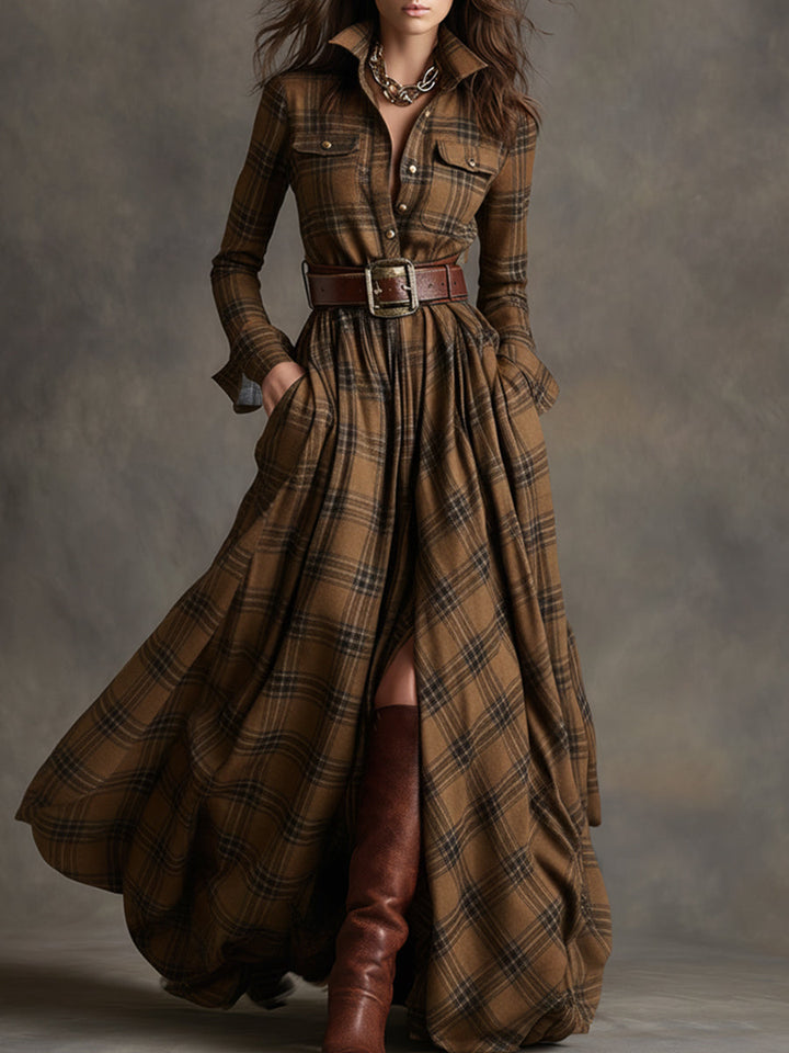 Colette | Checked Belted Dress in Brown