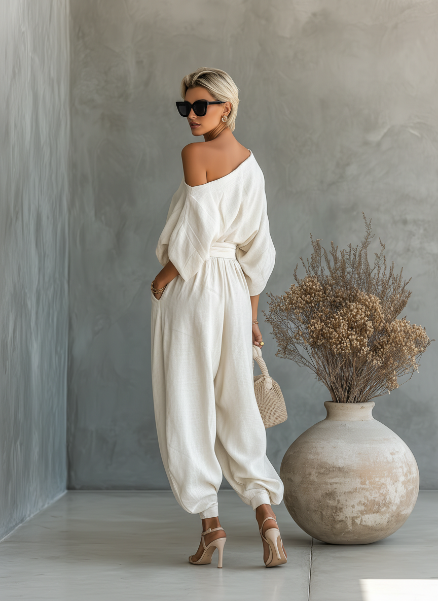 Victoria™ | Off-Shoulder Linen Top and Tapered Pants Set