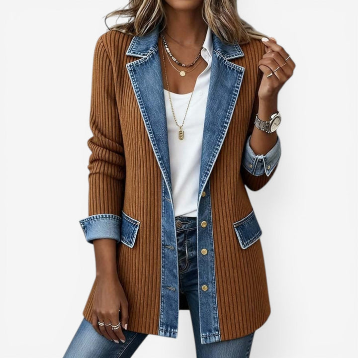 Emilia - Women's Mixed-Knit Jacket — Contrast Trim Detail