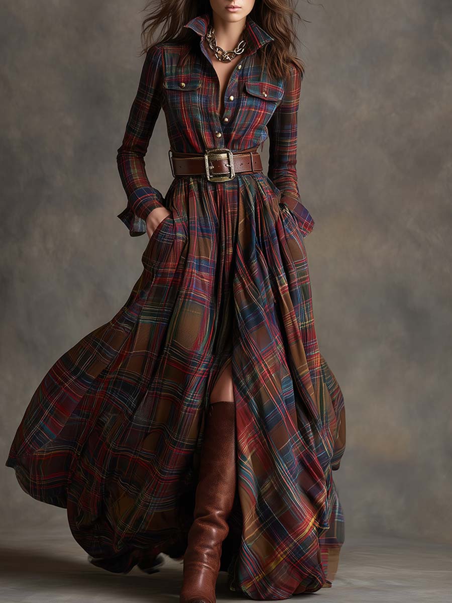 Colette | Checked Belted Dress in Dark Brown