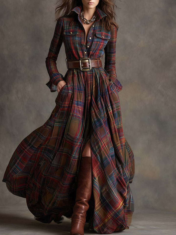 Colette | Checked Belted Dress in Dark Brown