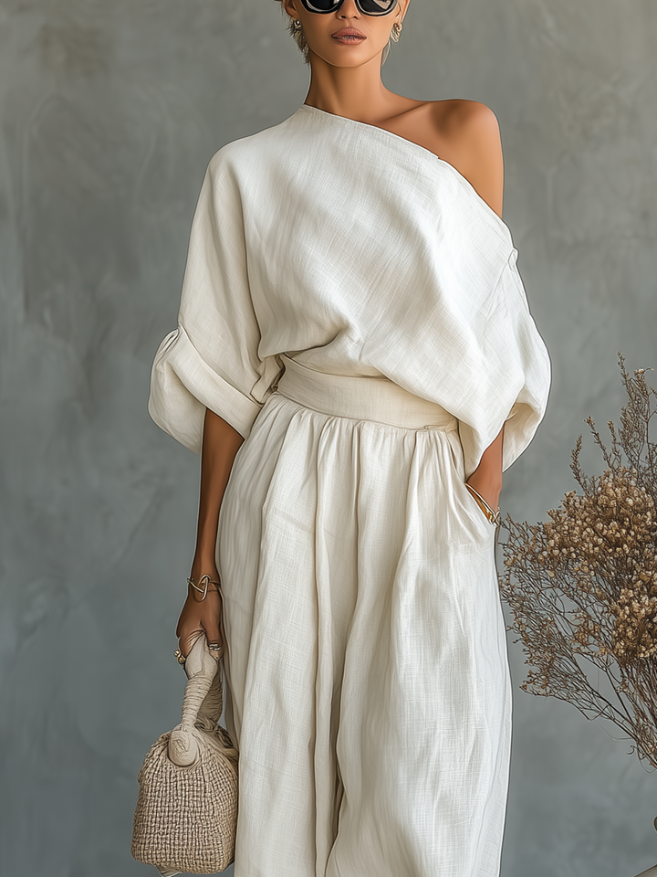 Victoria™ | Off-Shoulder Linen Top and Tapered Pants Set
