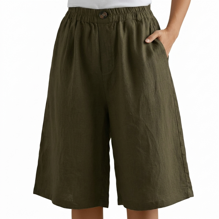 Elsie | Linen Blend Shorts in Dark Khaki