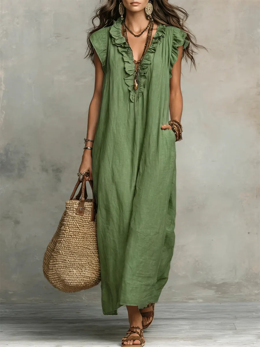 Willow | Linen Maxi Dress in Green